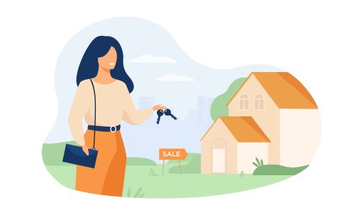 Realty agent holding keys and standing near building isolated flat vector illustration. Cartoon woman and house for sale. Real estate and mortgage concept